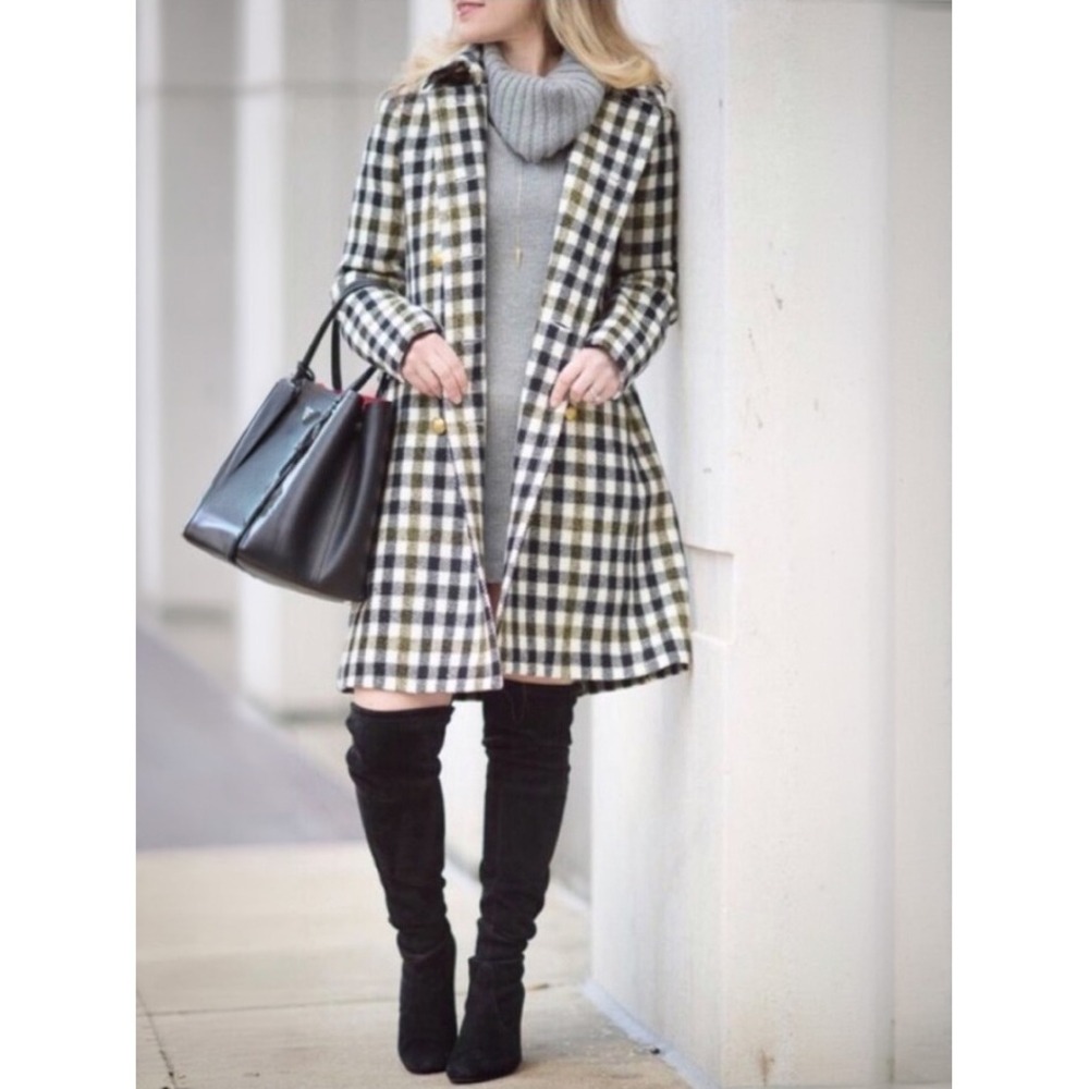 J.Crew Women Wool Buffalo Check Plaid Double Breasted Gold Button Coat Black - Picture 1 of 15